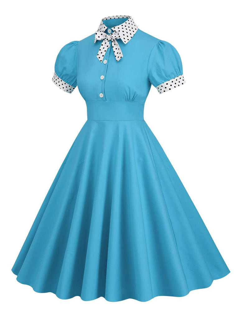 1950s Stand Collar Polka Dot Flared Dress