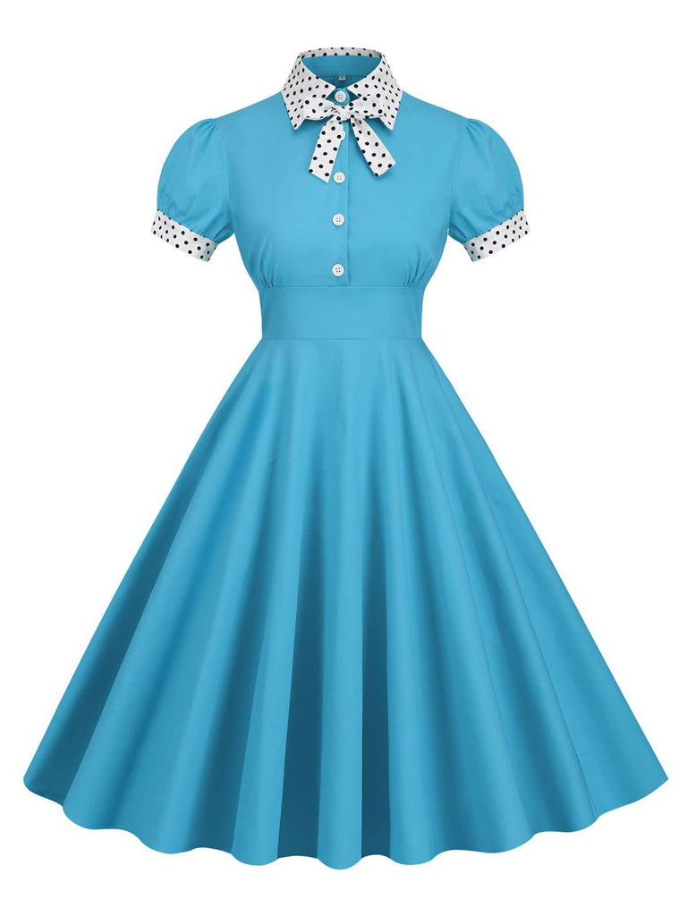 1950s Stand Collar Polka Dot Flared Dress