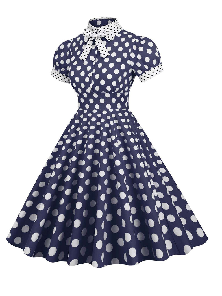 1950s Stand Collar Polka Dot Flared Dress