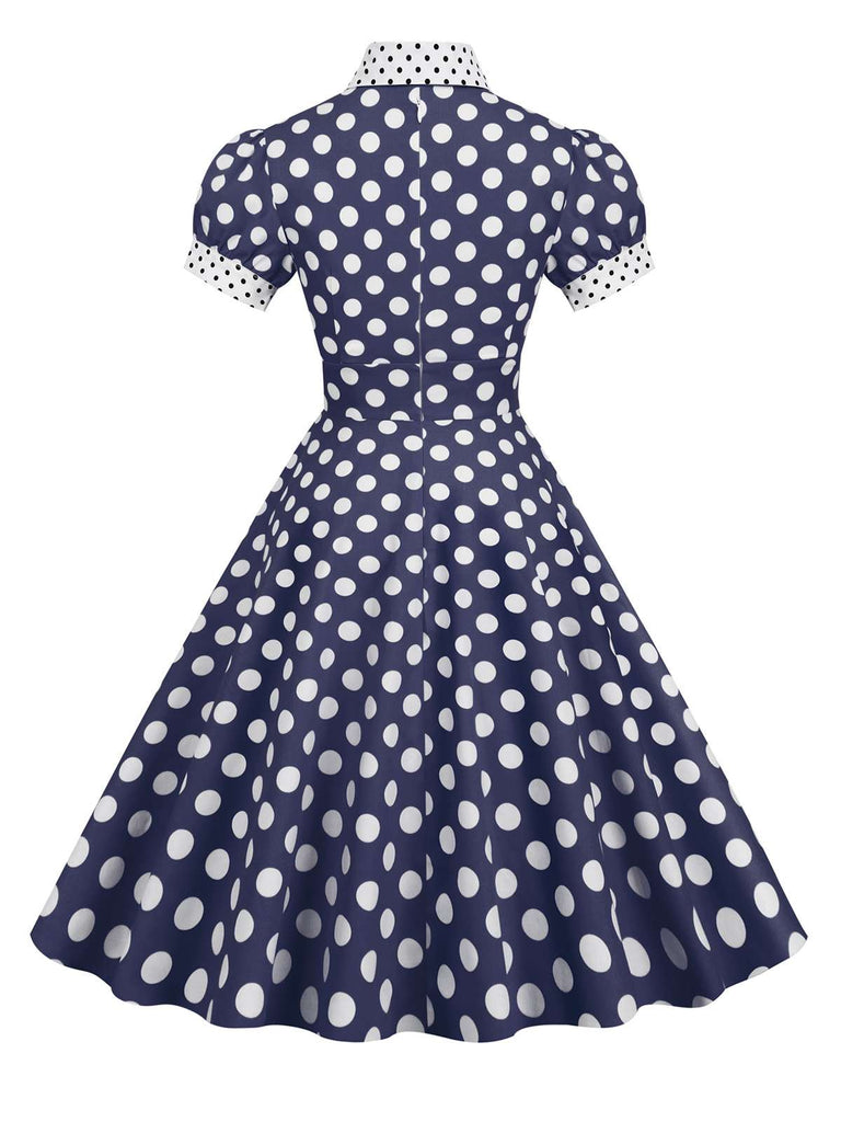 1950s Stand Collar Polka Dot Flared Dress