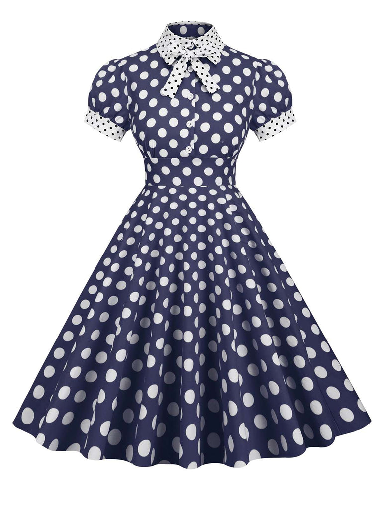 1950s Stand Collar Polka Dot Flared Dress