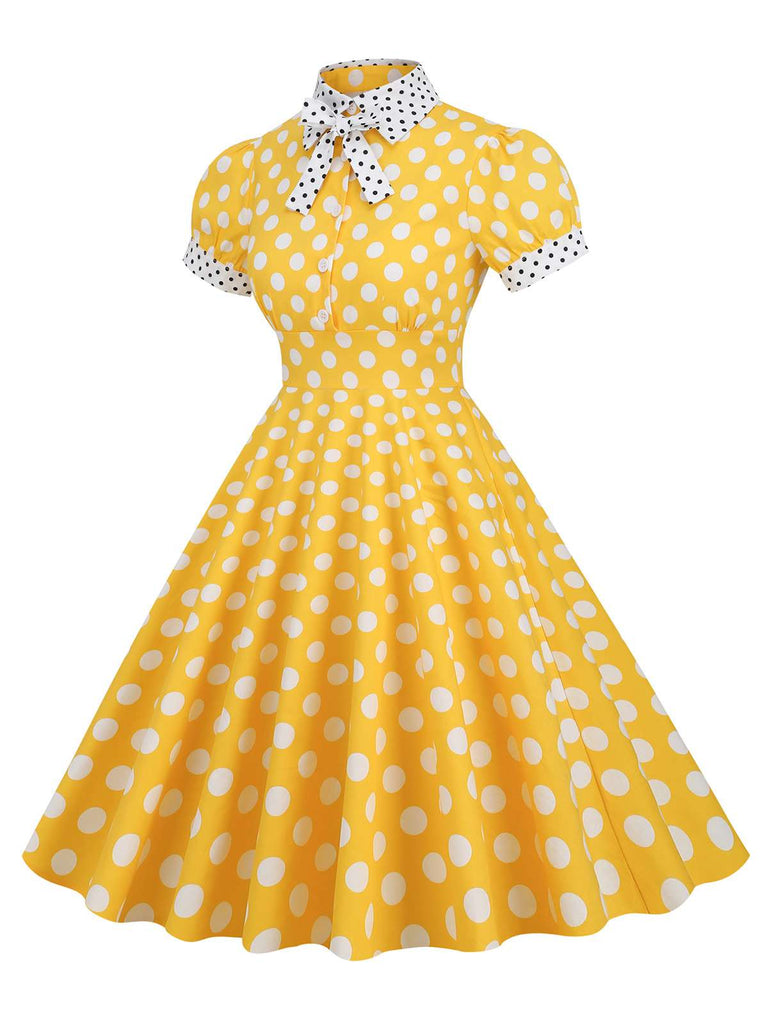 1950s Stand Collar Polka Dot Flared Dress