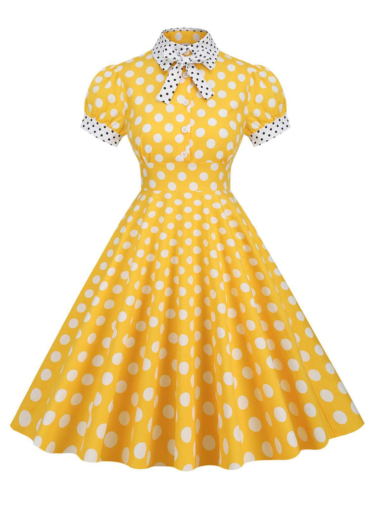 1950s Stand Collar Polka Dot Flared Dress