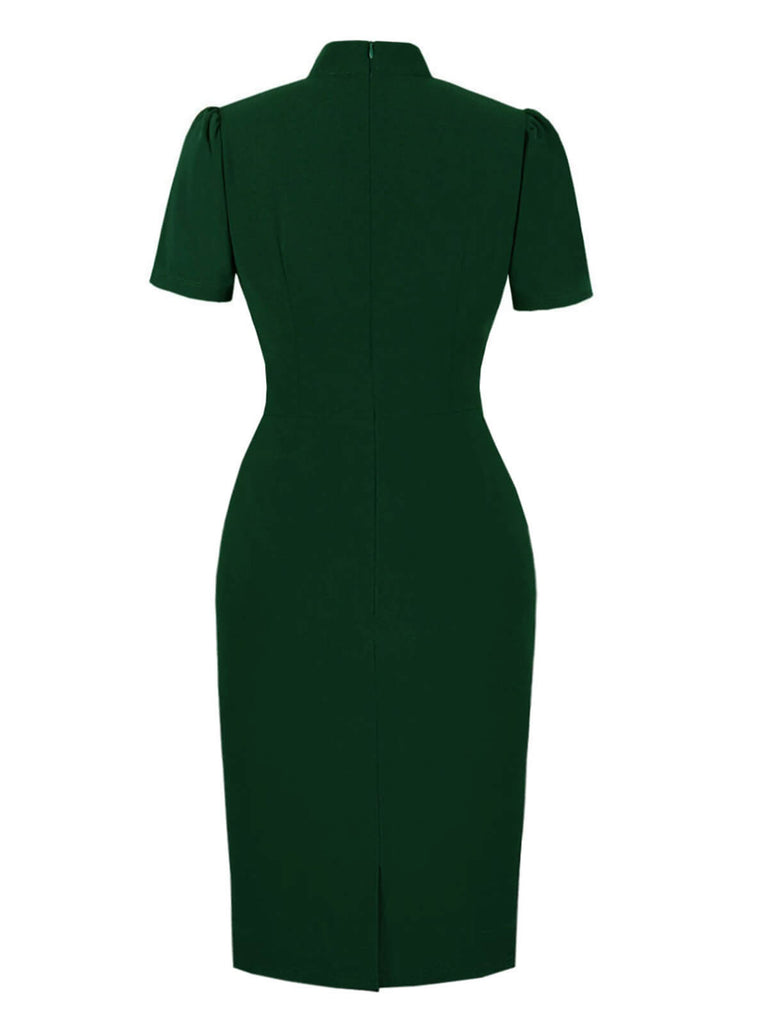 Green 1960s Keyhole Stand Collar Pencil Dress