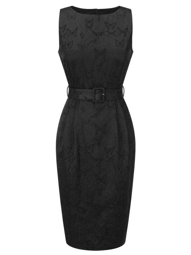 Black 1960s Sleeveless Butterflies Belted Solid Dress