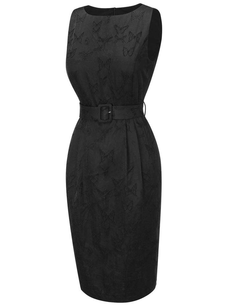 Black 1960s Sleeveless Butterflies Belted Solid Dress