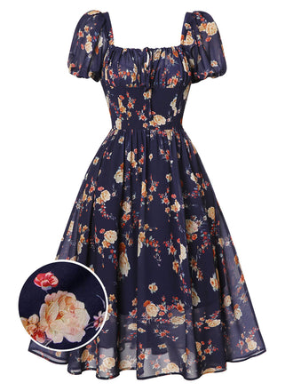 [US Warehouse] Navy Blue Floral Bubble Sleeves Dress