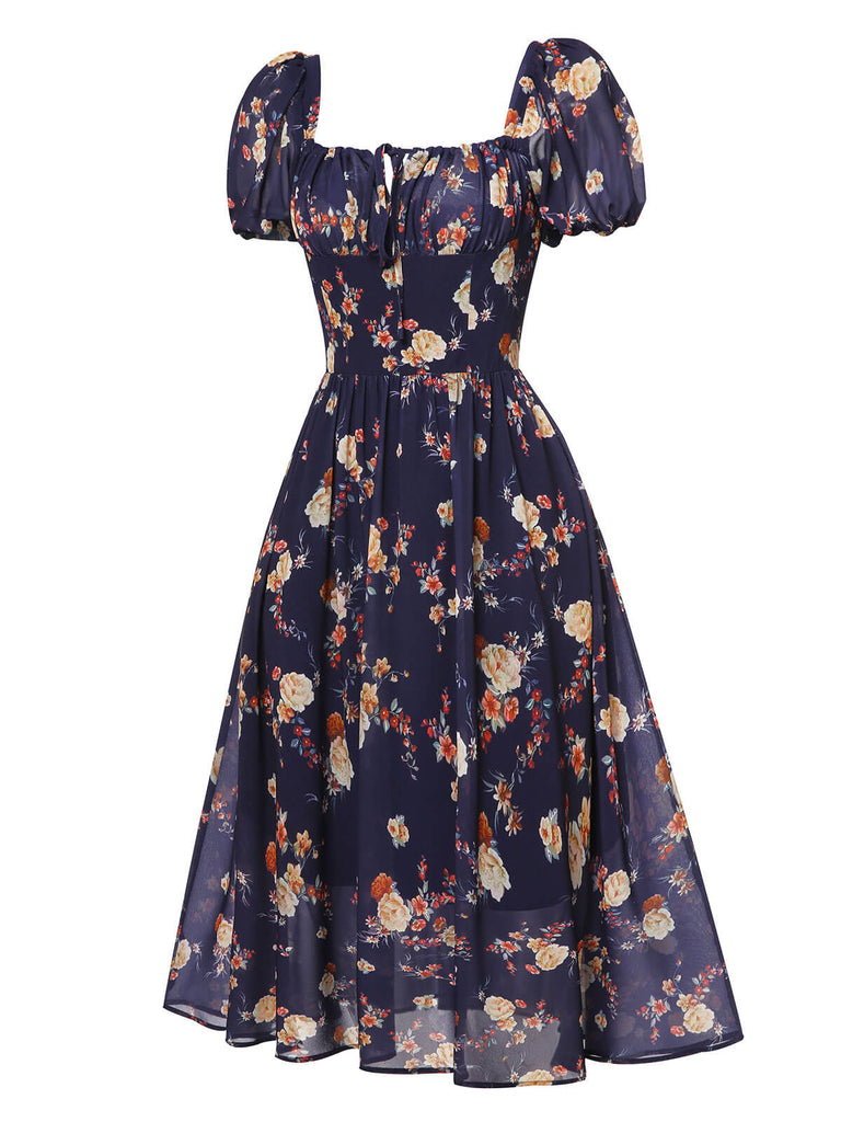 Navy Blue Floral Bubble Sleeves Dress