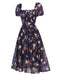 Navy Blue Floral Bubble Sleeves Dress