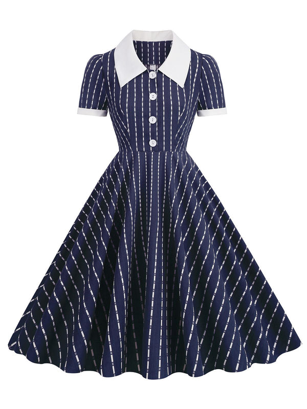 1950s Lapel Vertical Stripes Swing Dress Navy Blue