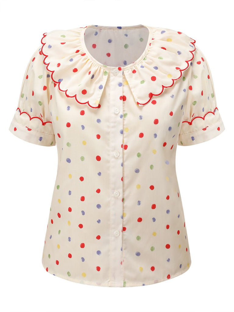 1950s Colorful Polka Dot Lace Collar Blouse