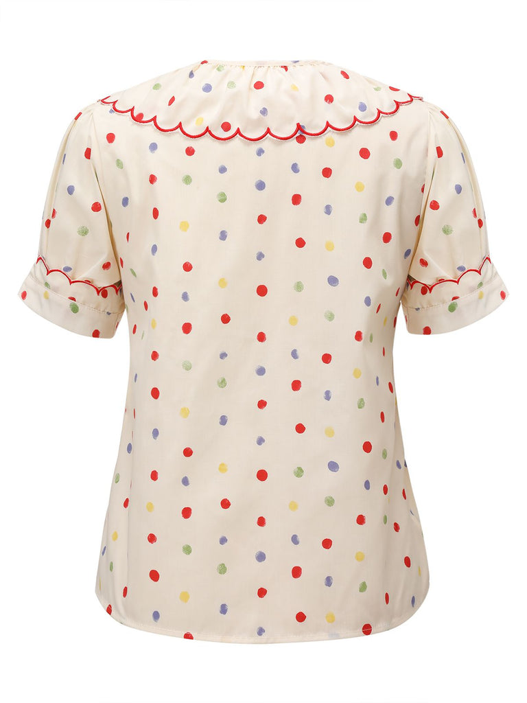 1950s Colorful Polka Dot Lace Collar Blouse