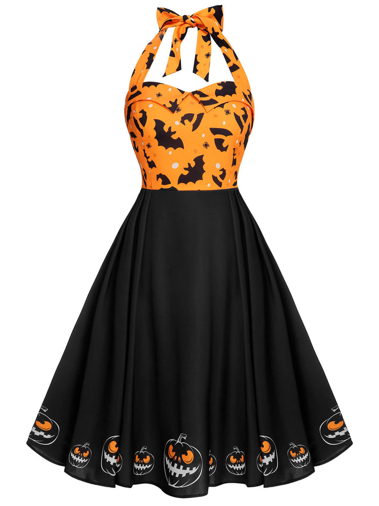 Black 1950s Halloween Pumpkin Bat Halter Dress