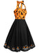 Black 1950s Halloween Pumpkin Bat Halter Dress
