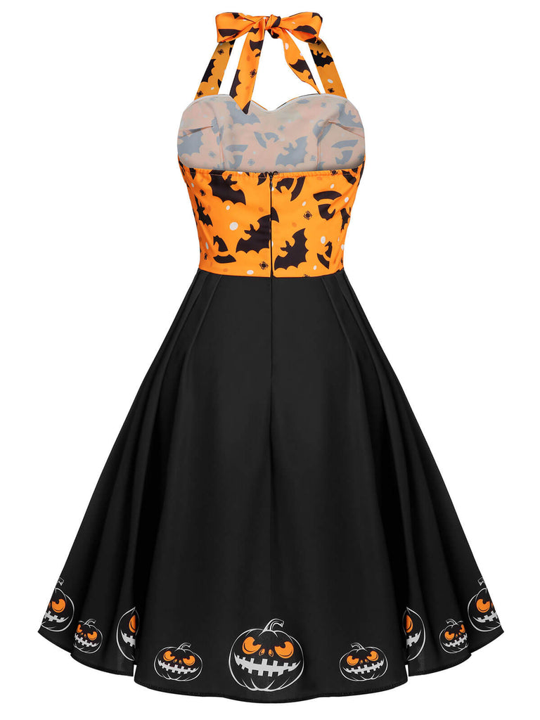 Black 1950s Halloween Pumpkin Bat Halter Dress