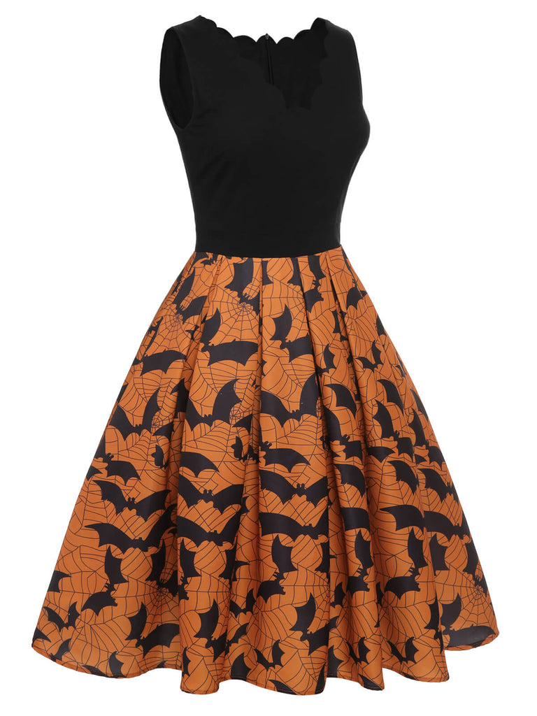 Black & Orange 1950s Halloween Bat Sleeveless Dress