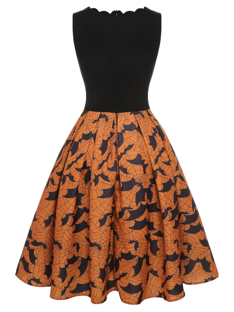 Black & Orange 1950s Halloween Bat Sleeveless Dress