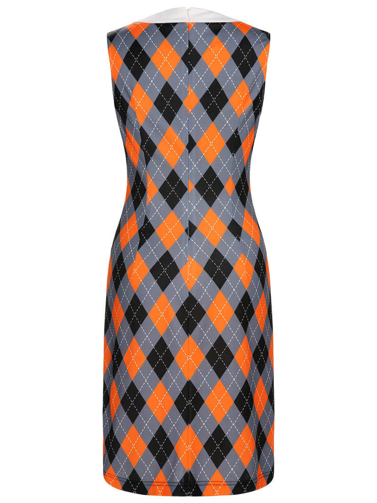 Orange 1960s Color Block Argyle Shift Dress