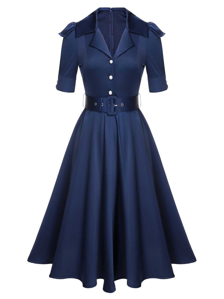 Blue 1940s Solid Short Sleeves Lapel Dress