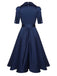 Blue 1940s Solid Short Sleeves Lapel Dress