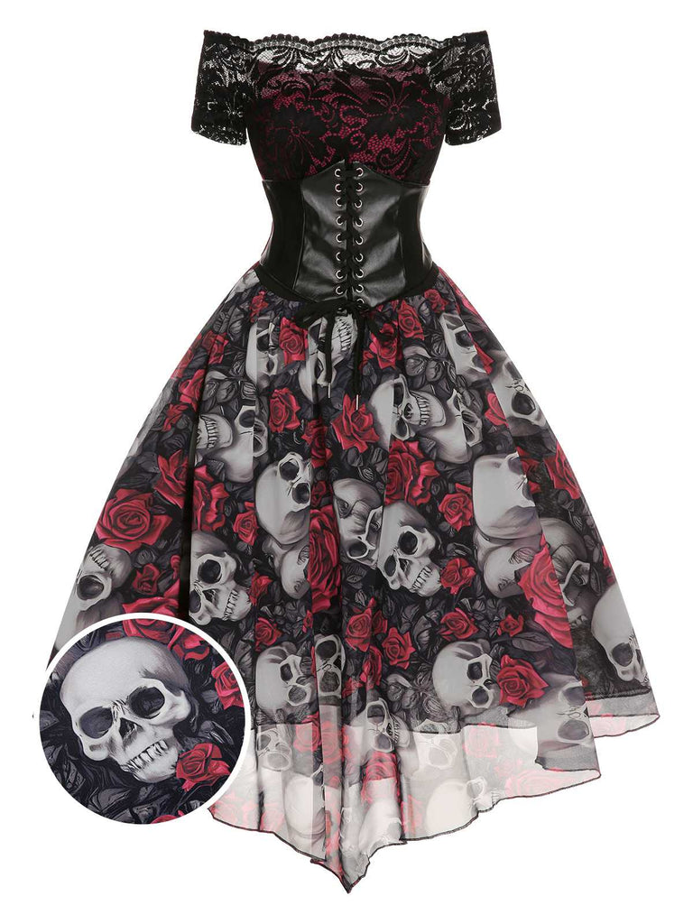 1950s Halloween Skull Rose Lace Mesh Dress - decent-life