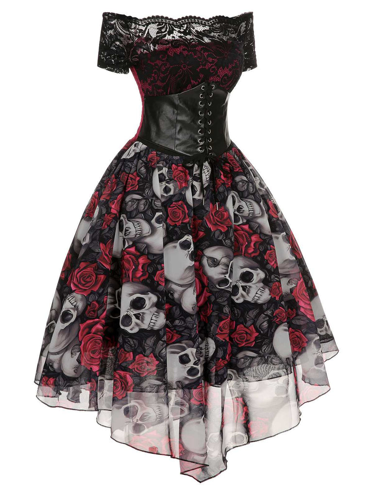 1950s Halloween Skull Rose Lace Mesh Dress