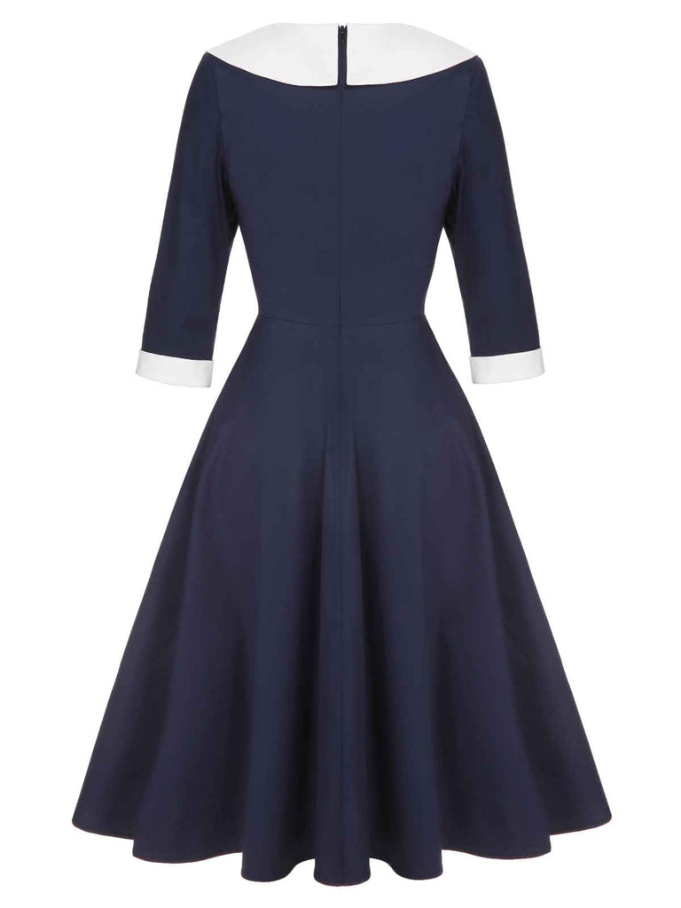 Dark Blue 1950s Lapel Patchwork Dress | Retro Stage