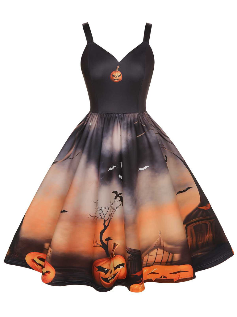 Black 1950s Halloween Pumpkin Swing Dress