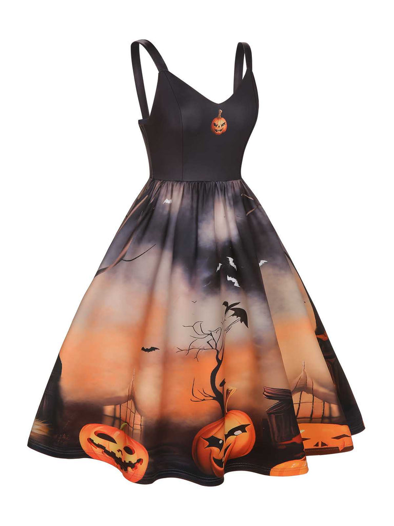 Black 1950s Halloween Pumpkin Swing Dress