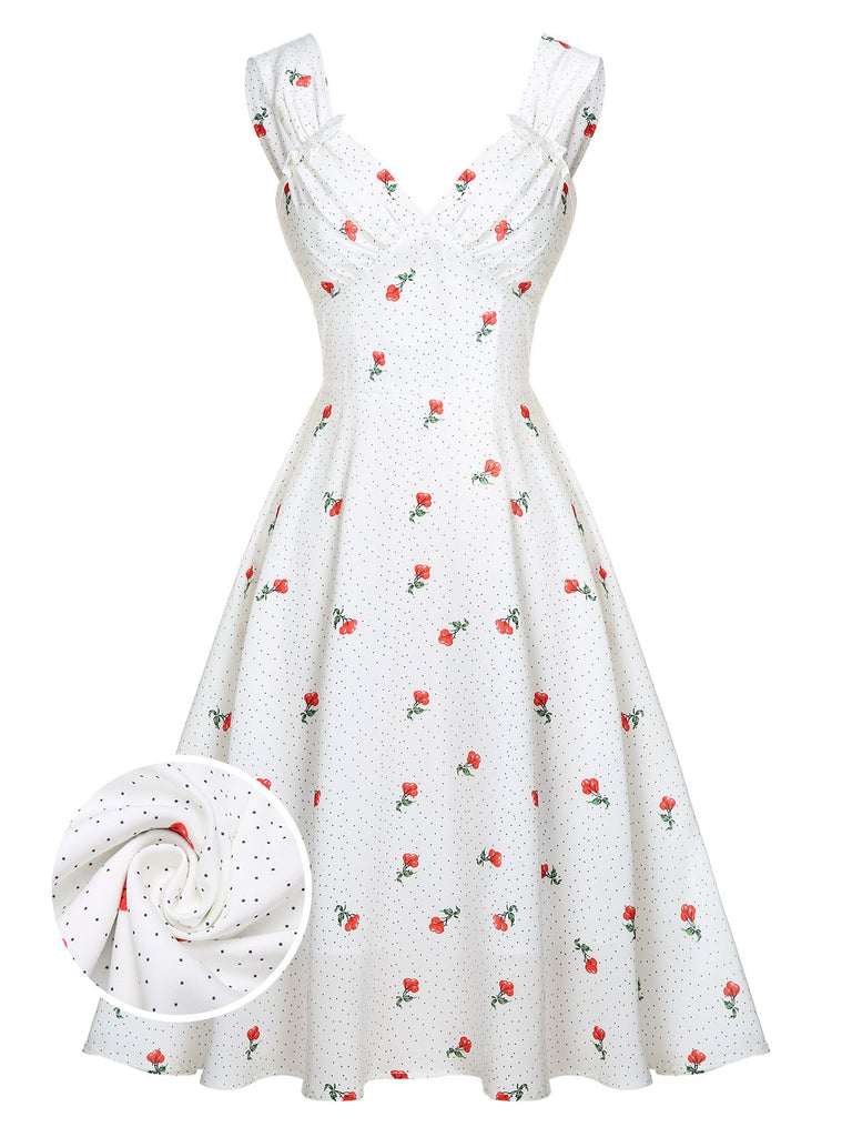 White Satin-faux Cherry Polka Dot Dress