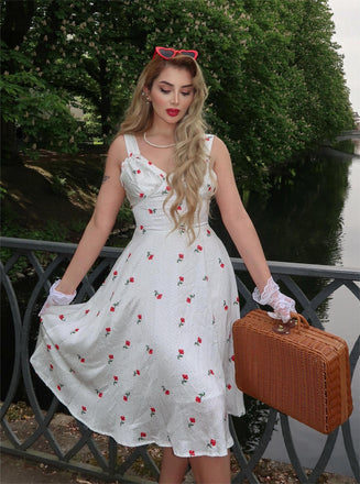 White Satin-faux Cherry Polka Dot Dress