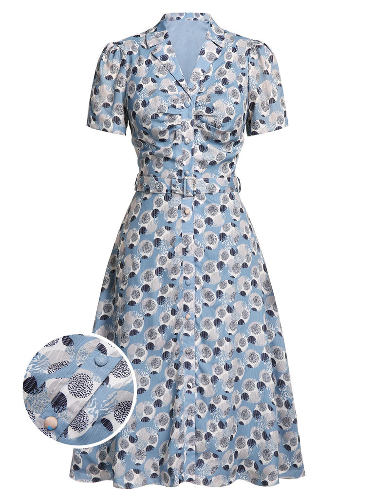 BLUE 1940S LEOPARD POLKA DOT BELT LAPEL DRESS