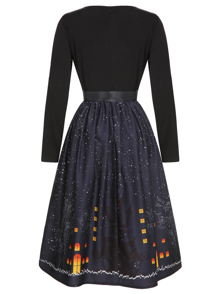 1950s Black Halloween Long Sleeve Swing Dress