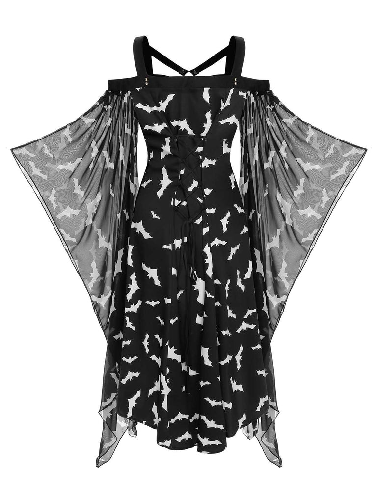 Black 1950s Halloween Spaghetti Strap Bat Dress