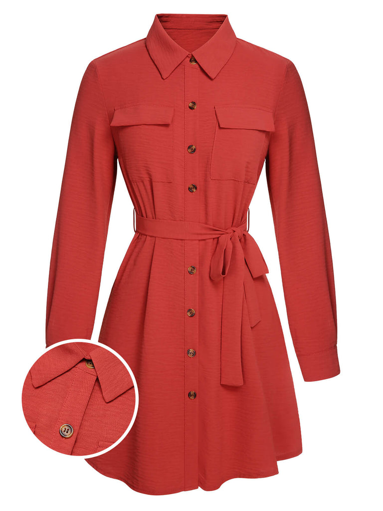Red 1950s Lapel Long Sleeve Shirt Dress