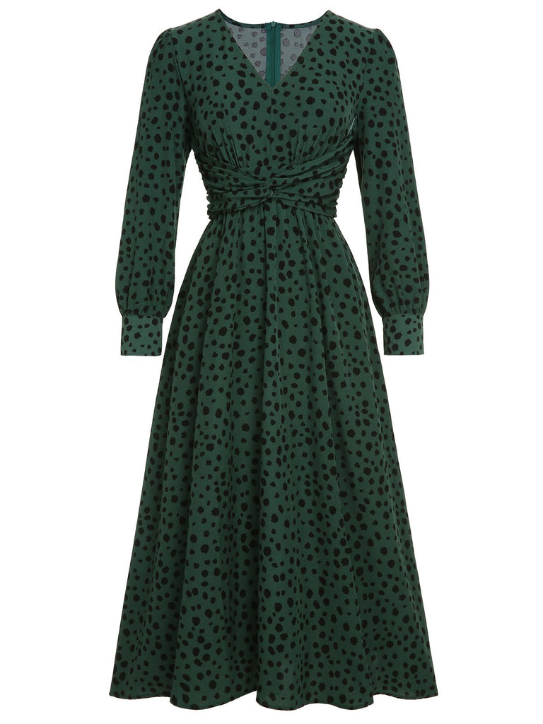 Green V-Neck Leopard A-Line Dress