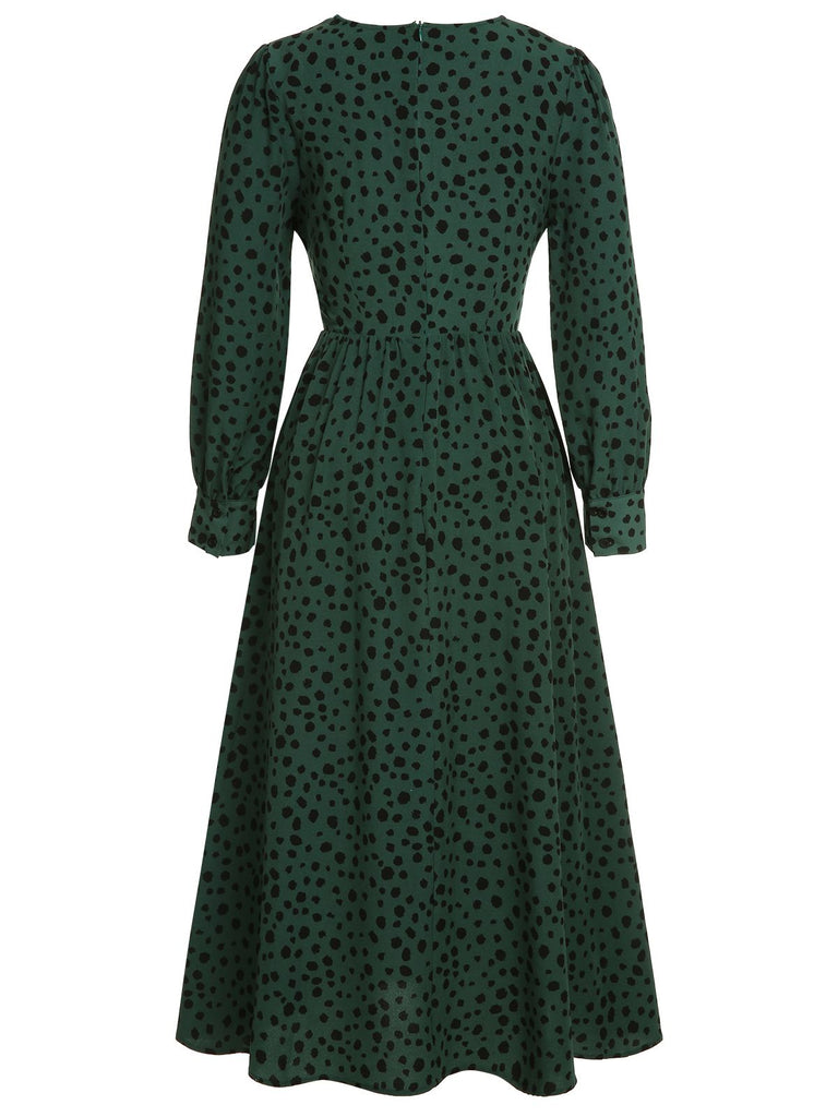Green V-Neck Leopard A-Line Dress