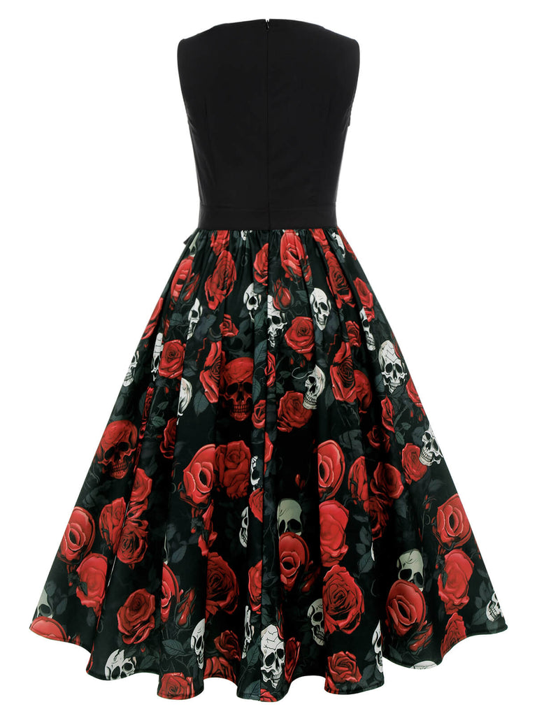 [Pre-Sale] Black 1950s Halloween Skull Rose Sleeveless Dress