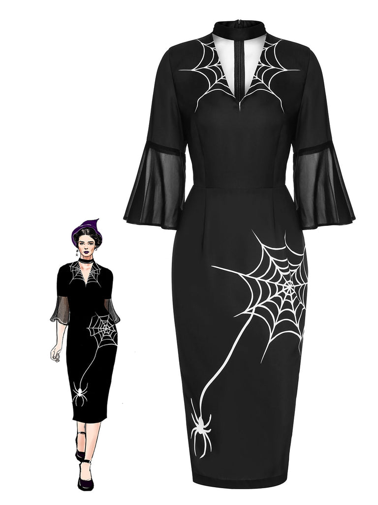 Black 1960s Halloween Spider Net Bell Pencil Dress