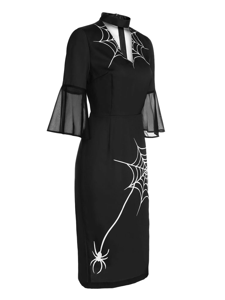 Black 1960s Halloween Spider Net Bell Pencil Dress