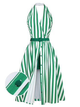‍2PCS Green 1950s Stripes Romper & Umbrella Skirt (75% off)