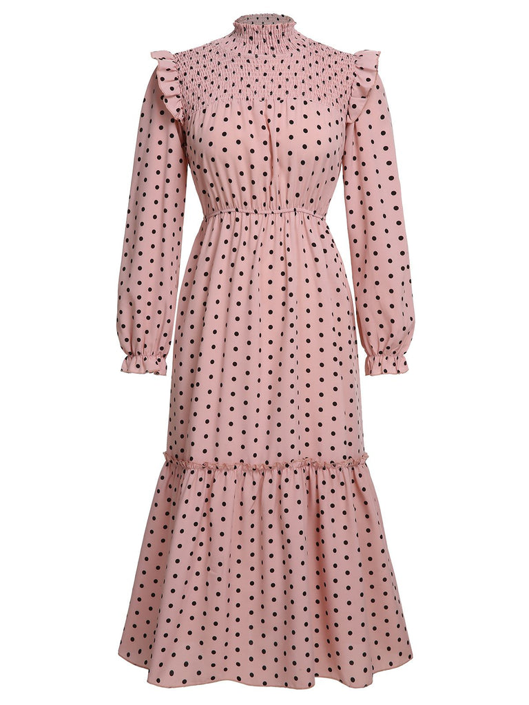 Pink 1930s Long Sleeve Polka Dot Dress
