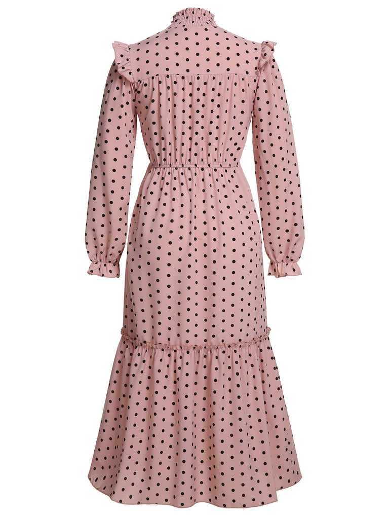 Pink 1930s Long Sleeve Polka Dot Dress