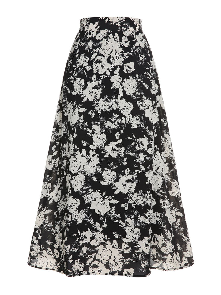 Black&White 1960s Floral Print A-Line Skirt