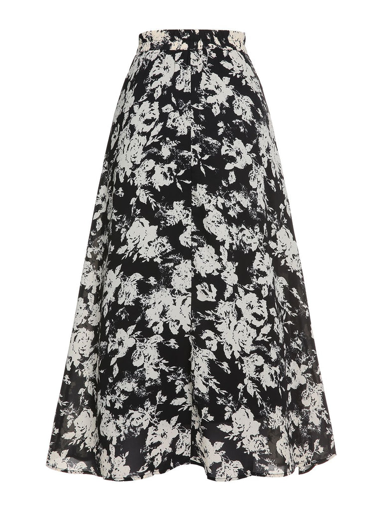 Black&White 1960s Floral Print A-Line Skirt