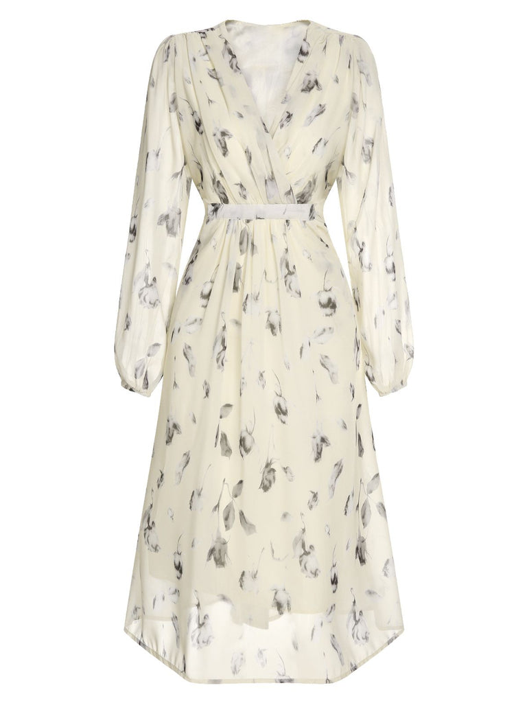 Beige 1940s Floral Surplice V-Neck Lace-Up Dress