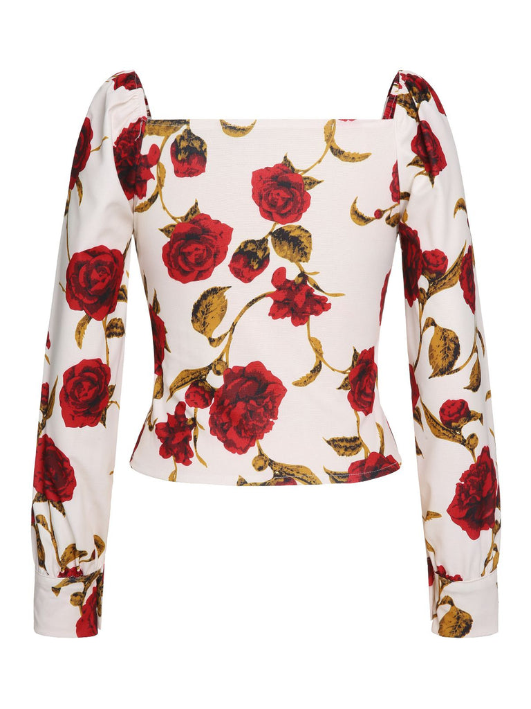 1960s French Rose Floral Slashed Blouse