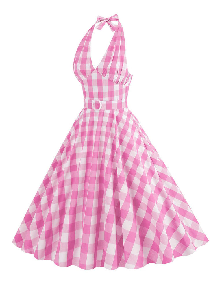 1950s Halter Plaid Belted Swing Dress