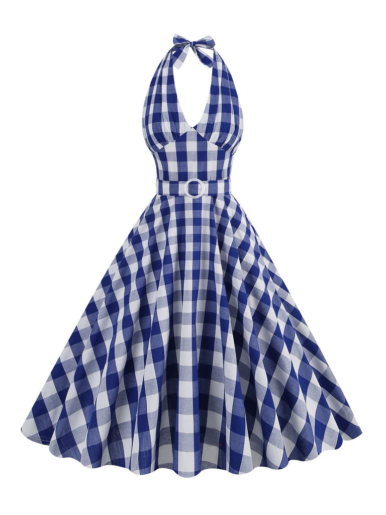 1950s Halter Plaid Belted Swing Dress