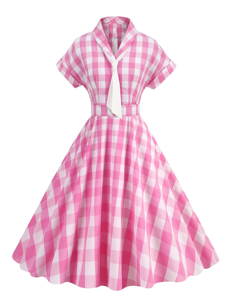 1950s Plaid Bow Lapel Swing Dress | Retro Stage